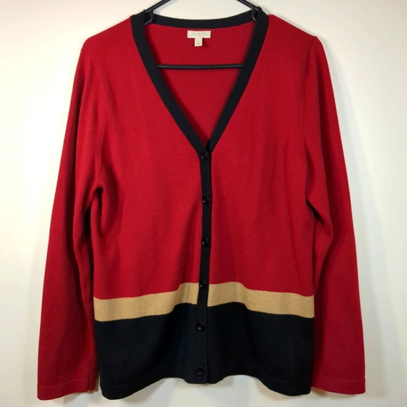 Talbots petite womens button down cardigan sweater,  red/tan/black size LP - Picture 1 of 7